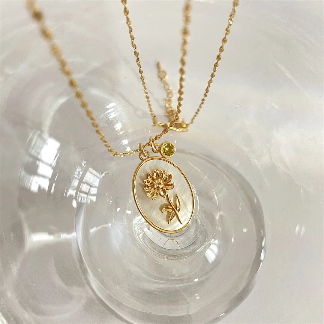 12 Birth Month Flower Birthstone Necklace for Women Charm White Shell Pendant Necklaces Mom Girlfriend Birthday Gift