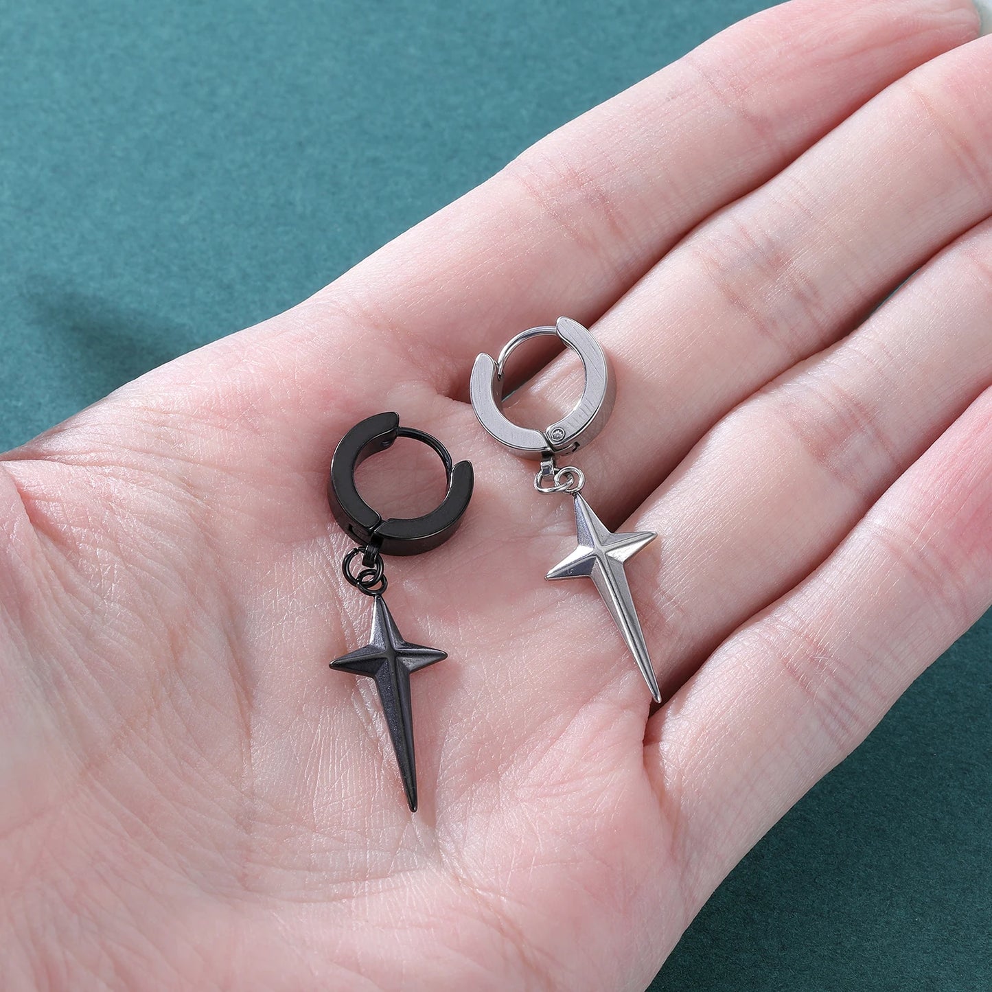 ZS Punk Cross Drop Earrings for Men Woman Stainless Steel Hoop Dangle Cartilage Earrings Gothic Hip Hop Circle round Earring