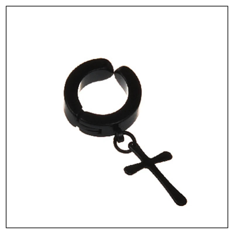 Clip on Hoop Earrings for Men Stainless Steel Fake Piercing Dangle Earring with Cross Feather Mens Clip on Huggie Hoop Earrings