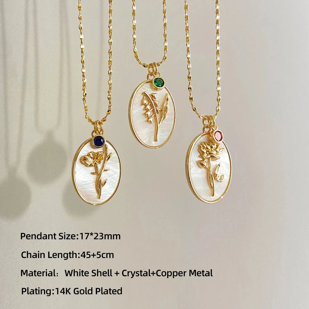 12 Birth Month Flower Birthstone Necklace for Women Charm White Shell Pendant Necklaces Mom Girlfriend Birthday Gift