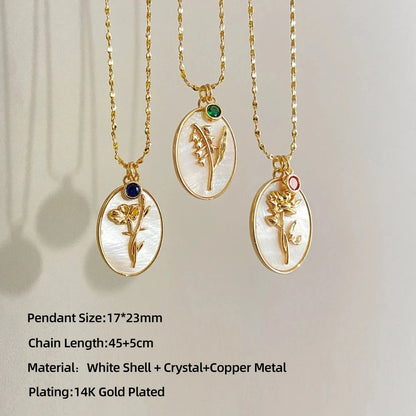 12 Birth Month Flower Birthstone Necklace for Women Charm White Shell Pendant Necklaces Mom Girlfriend Birthday Gift