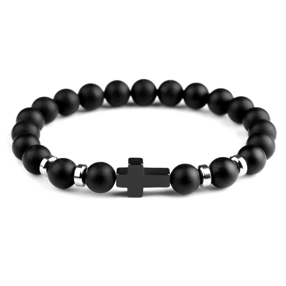 Natural Stone Bracelets Hematite Cross Pendent 8Mm Tiger Eye Black Onyx Lava Howlite Bead Elastic Rope Bracelet for Men Gift