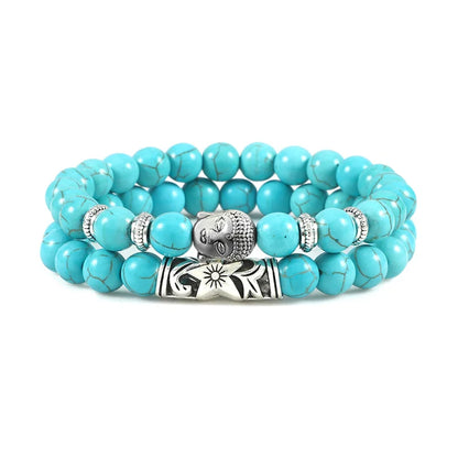 2Pcs/Set Buddha Head Bracelet for Women Men Natural Tiger Eye Lava Stone Yoga Beads Distance Bracelets Charm Couple Jewelry Gift