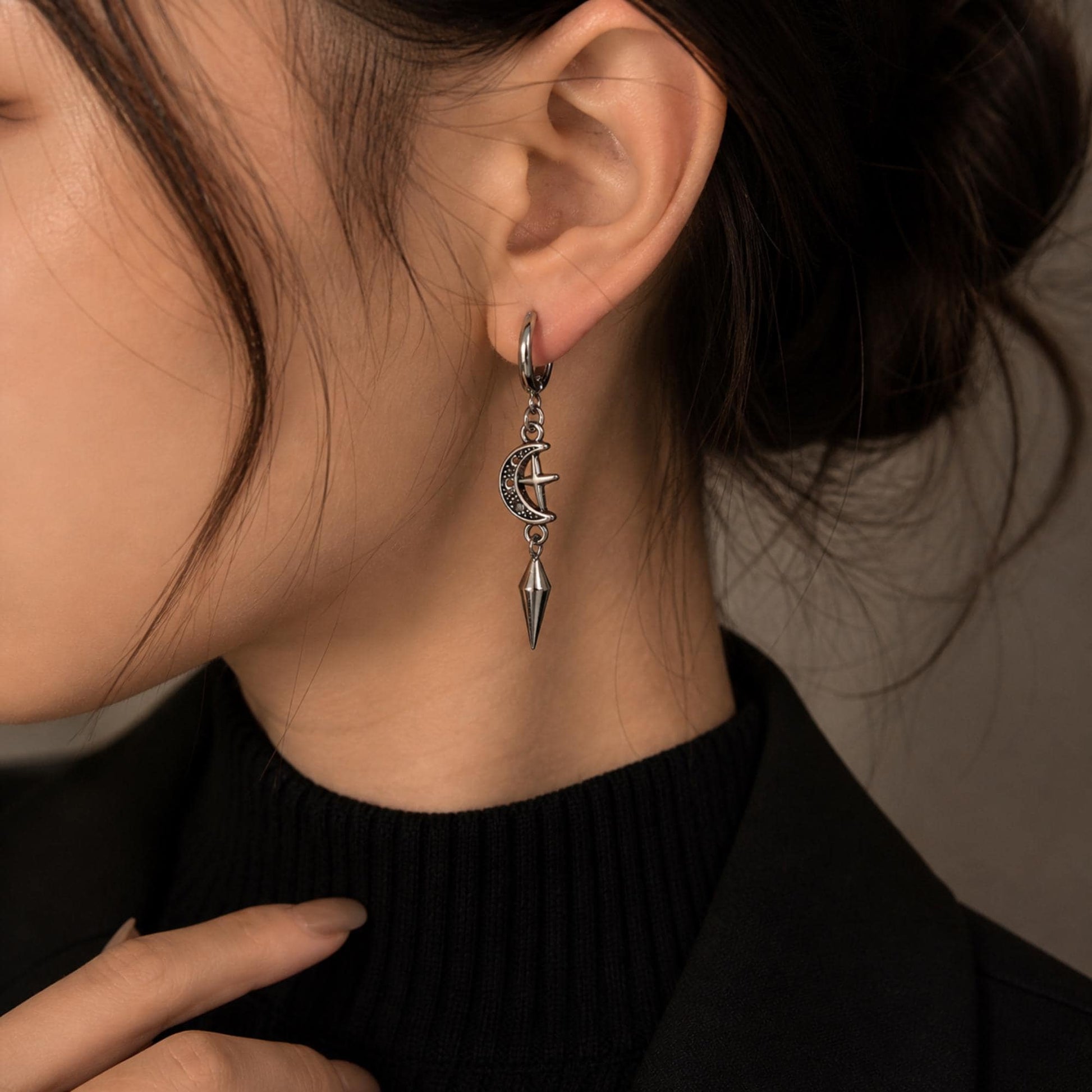 Moon Star Hoop Earrings, Gothic Earrings, Celestial Earrings, Gothic Jewelry, Gift for Her, Hoop Earrings, Huggie Earrings