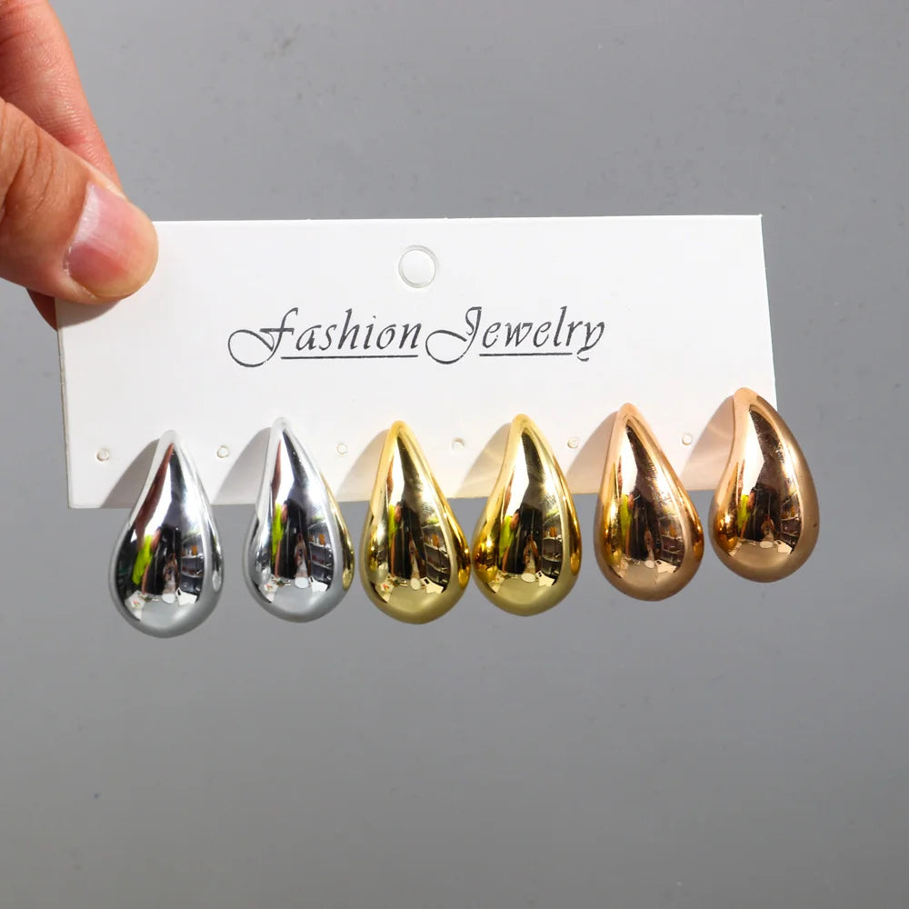 Fashion 6Pcs/Set Chunky Gold Plated Water Drop Earrings for Women Vintage Acrylic Teardrop Earring Hoops Lightweight Jewelry