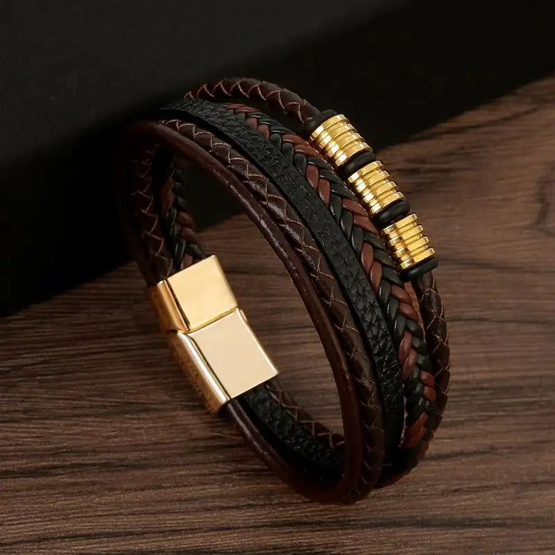 Punk Men Leather Bracelet with Stainless Steel Magnetic Clasp Braided Mutilayer Leather Wrapping Bangles Man Jewelry Gift