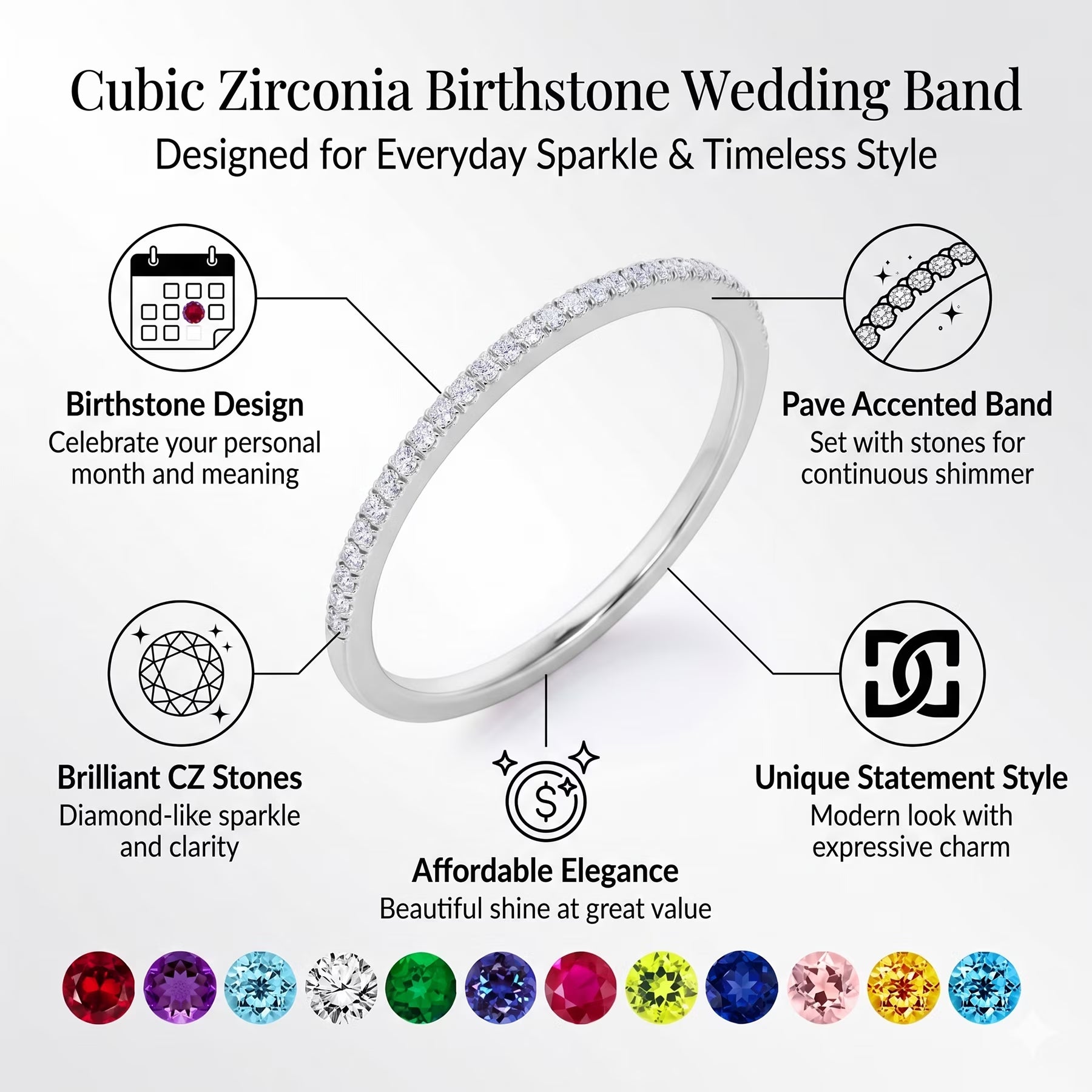 Pave Accented - 0.25 Carat round Cut -April Birthstone- Classic Wedding Band - 18K White Gold Plating for Women