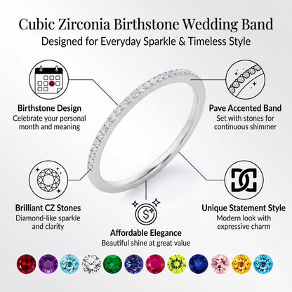 Pave Accented - 0.25 Carat round Cut -April Birthstone- Classic Wedding Band - 18K White Gold Plating for Women