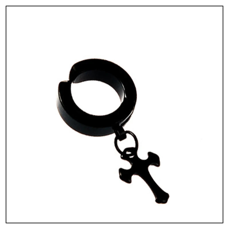 Clip on Hoop Earrings for Men Stainless Steel Fake Piercing Dangle Earring with Cross Feather Mens Clip on Huggie Hoop Earrings