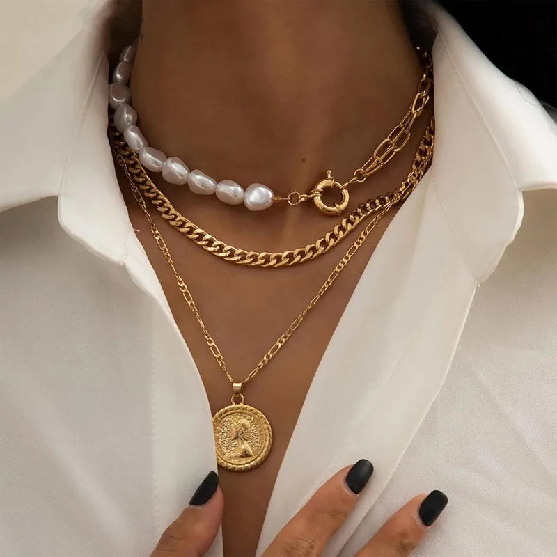 Gold Necklace Stack Layered Necklaces for Women Trendy Cuban Pearl Paperclip Chain Necklaces Set Boho Summer Beach Jewelry Gifts