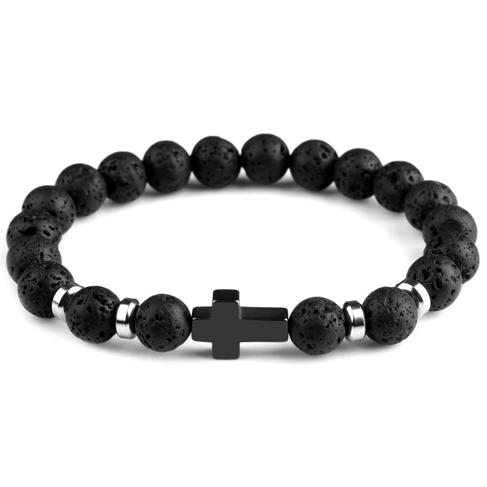 Natural Stone Bracelets Hematite Cross Pendent 8Mm Tiger Eye Black Onyx Lava Howlite Bead Elastic Rope Bracelet for Men Gift