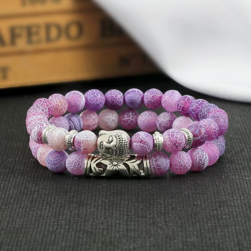 2Pcs/Set Buddha Head Bracelet for Women Men Natural Tiger Eye Lava Stone Yoga Beads Distance Bracelets Charm Couple Jewelry Gift